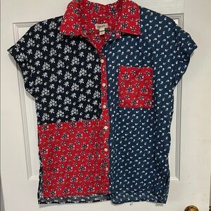 Women's Floral Patchwork Shirt - Red and Blue with pocket. Cotton. Vintage!